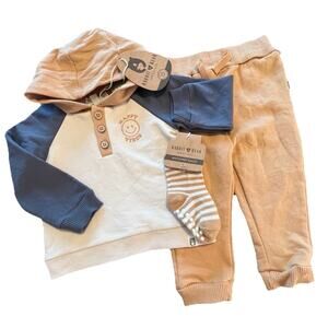 Rabbit + Bear Romper Happy Vibes Organic 3 Piece Set Sz 12 M Hoodie Pants Socks